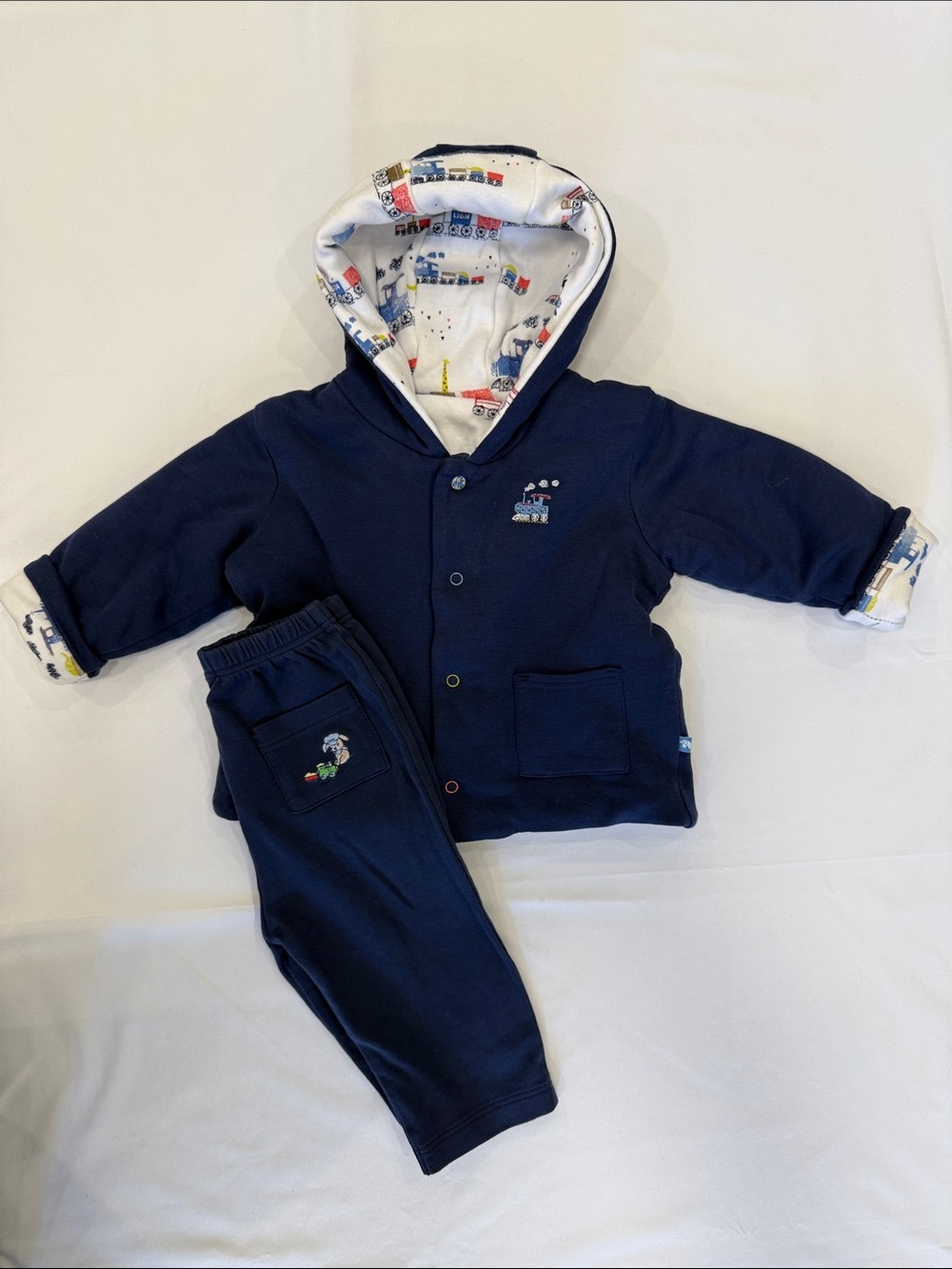 Kissy Kissy Navy Hooded Sweatshirt & Joggers Set with Vehicle Print Lining
